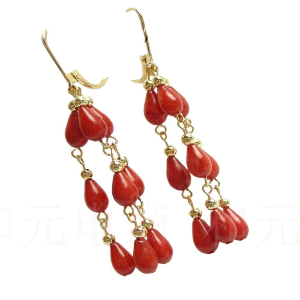 AAA Genuine 100% natural red coral earrings 14K gold hoop Dangle Accessories Fashion Diy Party Mother\'s Day Aquaculture Wedding