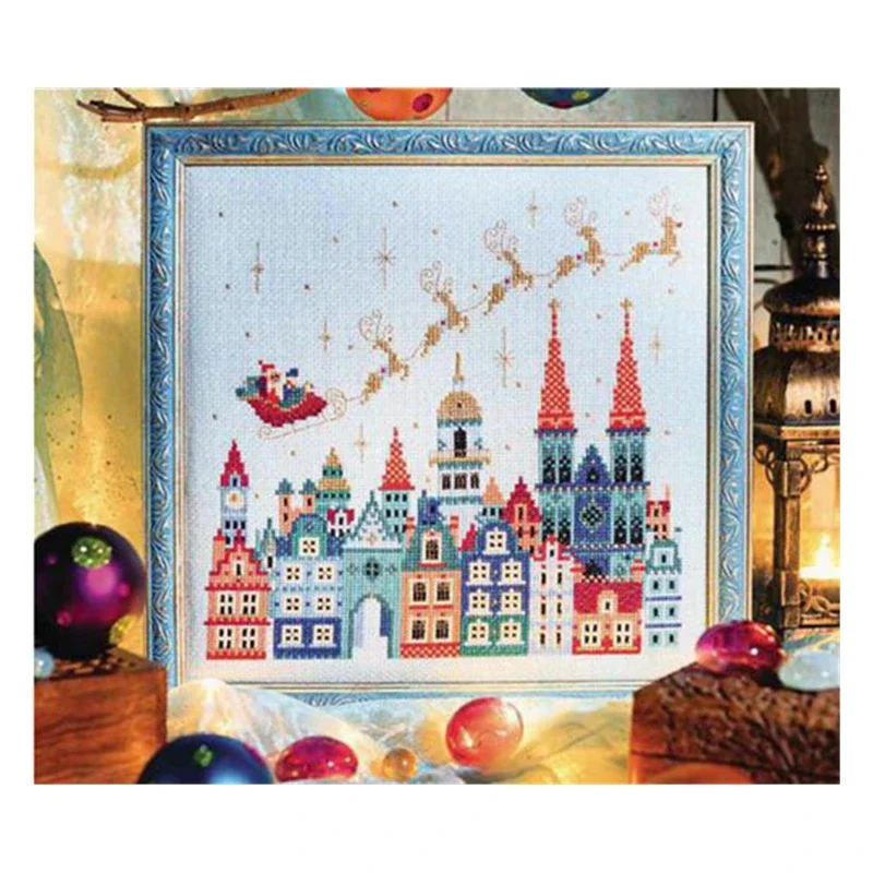 Cross Stitch Kit Chinese Embroidery DIY Hand Material Pack 11CT Printed Cloth over the City Santa Blue Cloth Cartoon