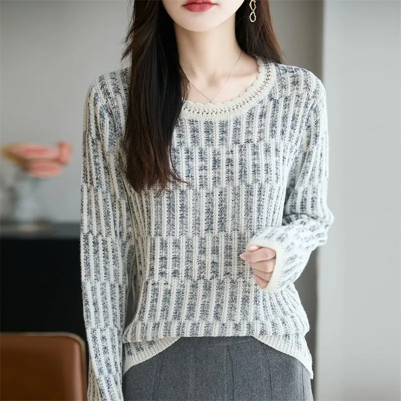 Women Clothes Autumn Winter Fashion All-match Temperament O-neck Knitting Female Contrasting Colors Loose Loose Pullovers Top Te