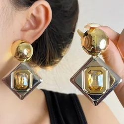 Exaggerated Fashion Glossy Metal Geometric Round Gold Color Silver Crystal Drop Earrings for Women Girls Jewelry Gifts 2024