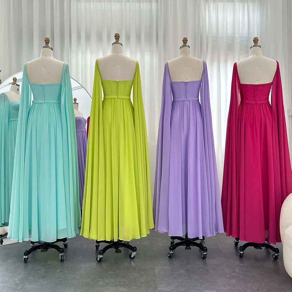 Ksdn Fashion Candy Color Prom Dress Elegante Vierkant Kraag Vloerlengte Feestjurken Met Cape Mouwen Prachtige Avondjurk