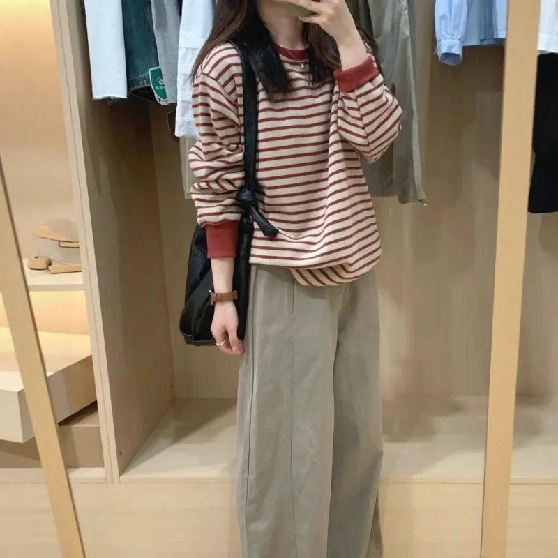 Deeply Korean autumn new red striped hoodie for women, lazy and high-end loose casual long-sleeved top.