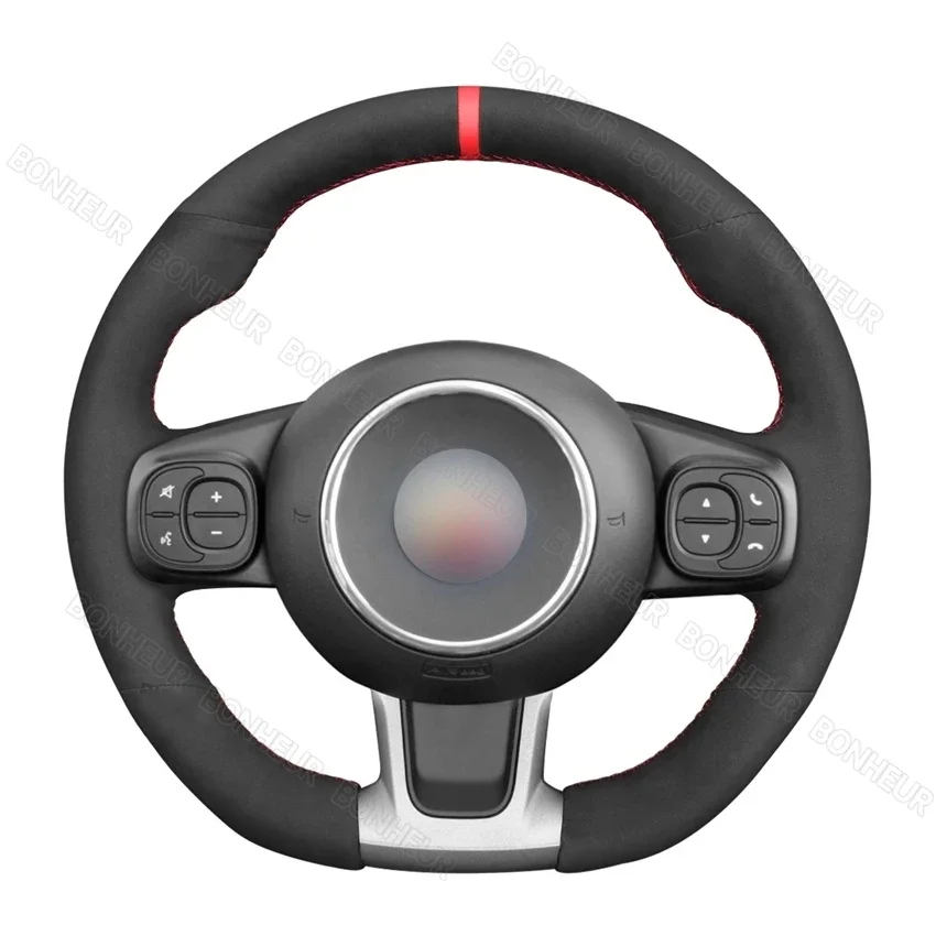 Hand Sew Black Suede Red Marker Car Steering Wheel Cover for Abarth 595 595C 695 695C 2016 2017-2021 Fiat 500 500C 2016-2021