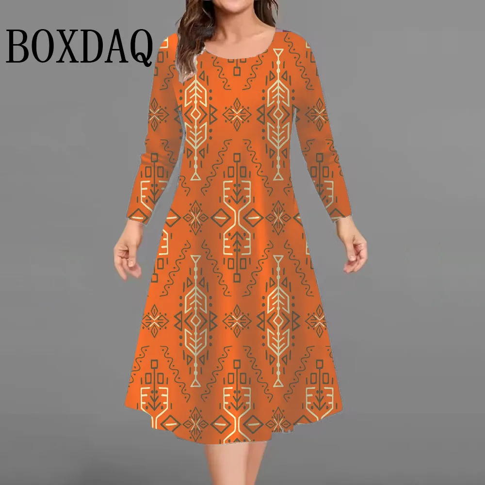 เดรสสั้นพิมพ์ลาย 3 มิติ สไตล์วินเทจ สำหรับผู้หญิง ฤดูใบไม้ร่วง ฤดูหนาว แขนยาว แฟชั่นลำลอง ไซส์ใหญ่ ทรงเอไลน์ รุ่นใหม่ ปี 2025  ไซส์ 9XL