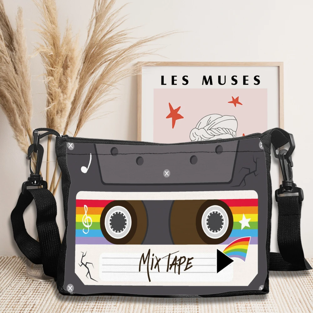 Polyester Shoulder Bag with Cassette Tape Design, Geometric Pattern, Cartoon Theme, with Crossbody Strap for Travel，Daily Use