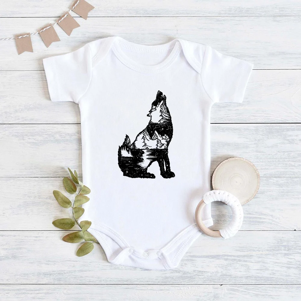 Wolf and Mountain Print Art Harajuku Baby Boy Clothes Romper Hipster Design Newborn Baby Body Summer Play Home Toddler Bodysuits