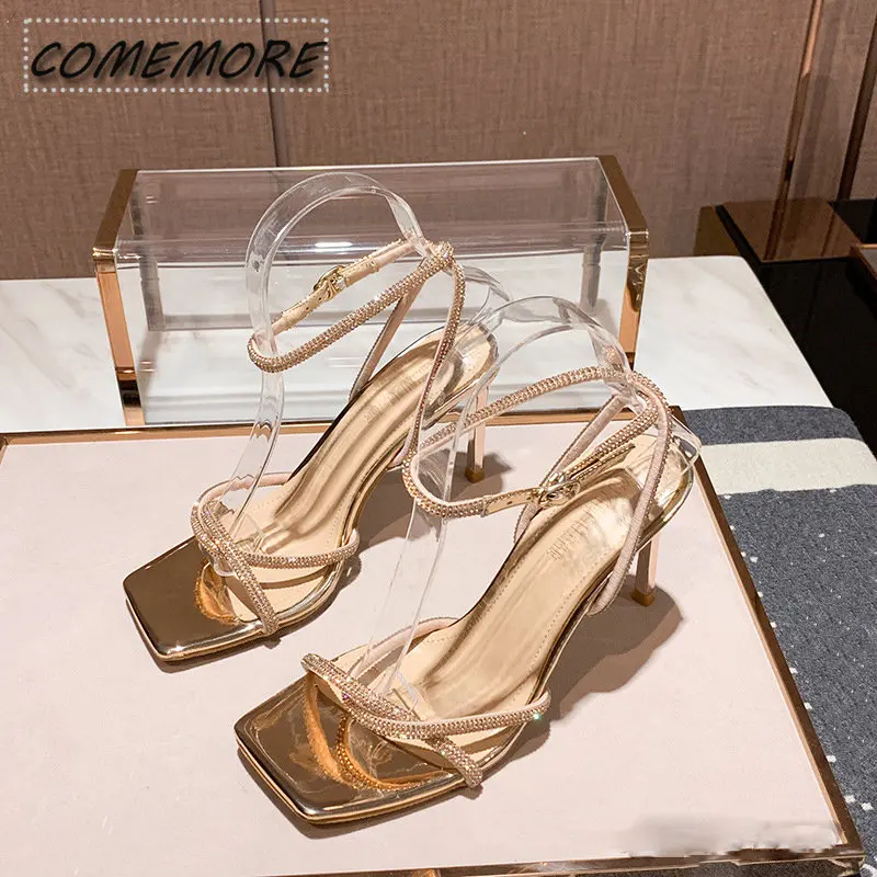 2023 Fashion Rhinestones Gladiator Silver High Heels Ankle Strap Strappy Sandals Women's Sexy Stiletto Party Bridal Shoes Summer