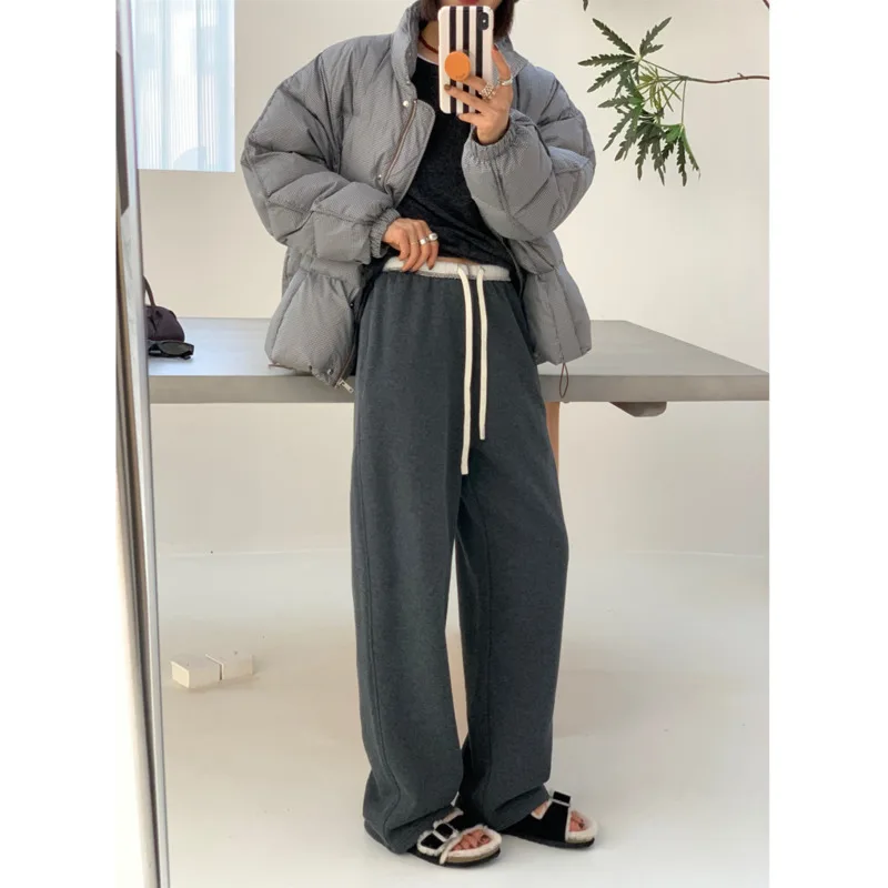 Winter Velvet Casual Wide Leg Pants Women Drawstring Waist Pocket Loose Straight Pant