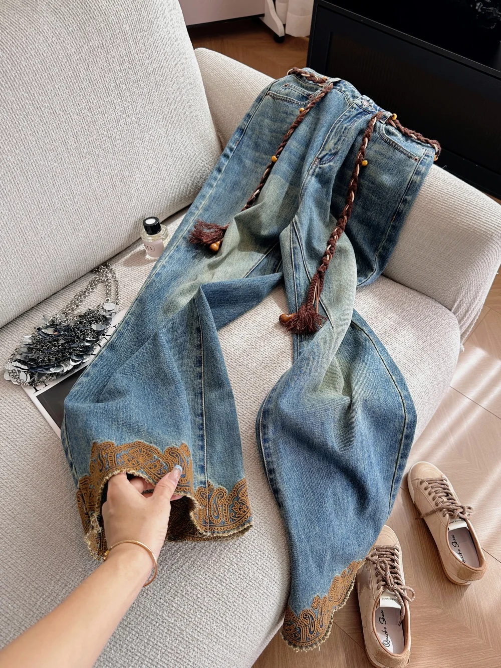 Retro Waed Embroidered Denim Jeans Men's Loose Wide Leg Pants Vintage Feel Casual Comfortable Slimming Autumn Faion