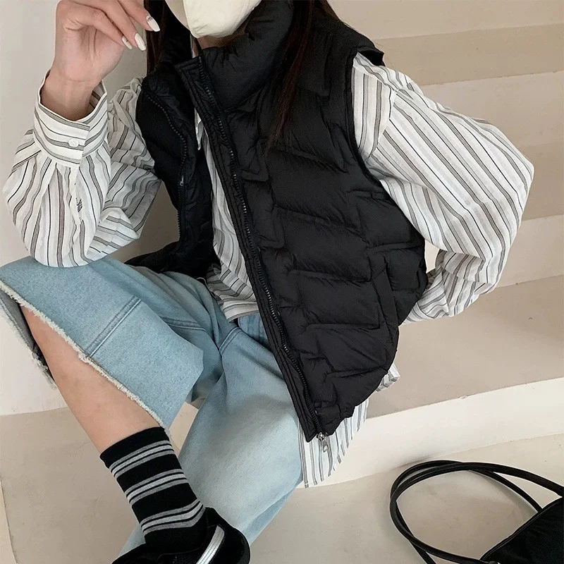 Women Fashion Autumn New 2025 Stand Collar Elegant Down Coats Warm Outerwear Casual Belt Sleeveless Winter Women Vests Jackets