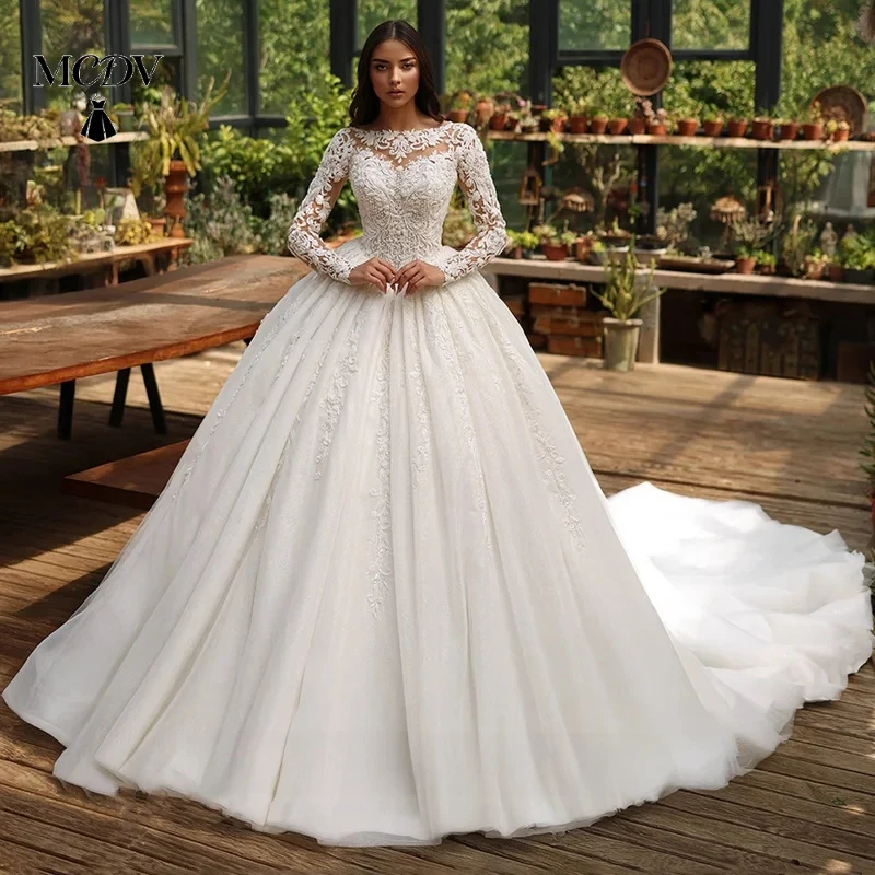 

MCDV Luxury Wedding Dress Ball Gown Customized Round Neck Long Sleeves Sequined Applique Court Train Saudi Arabic Bridal Dresses