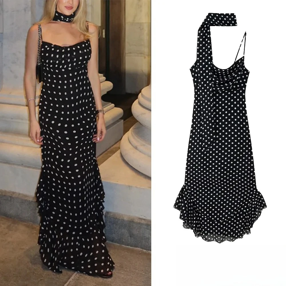 KONDALA エレガントな秋の水玉模様キャミワンピース レディース ラッフルヘム スカーフ付きロングワンピース 最新ファッション 夏 カジュアル ビーチ ホリデー 女性用ドレス