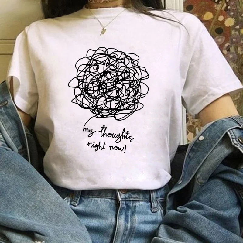 Camiseta con estampado divertido de mis pensamientos ahora, Top básico, camiseta sencilla de estilo lindo de verano a la moda con dibujos animados para mujer