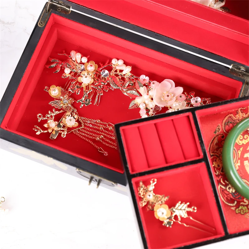 Antique Wooden Jewelry Box, Antique Storage Boxes, Chinese Lacquerware, Lacquer Arts with Lock, Wedding Gift, Red, Blue, Black