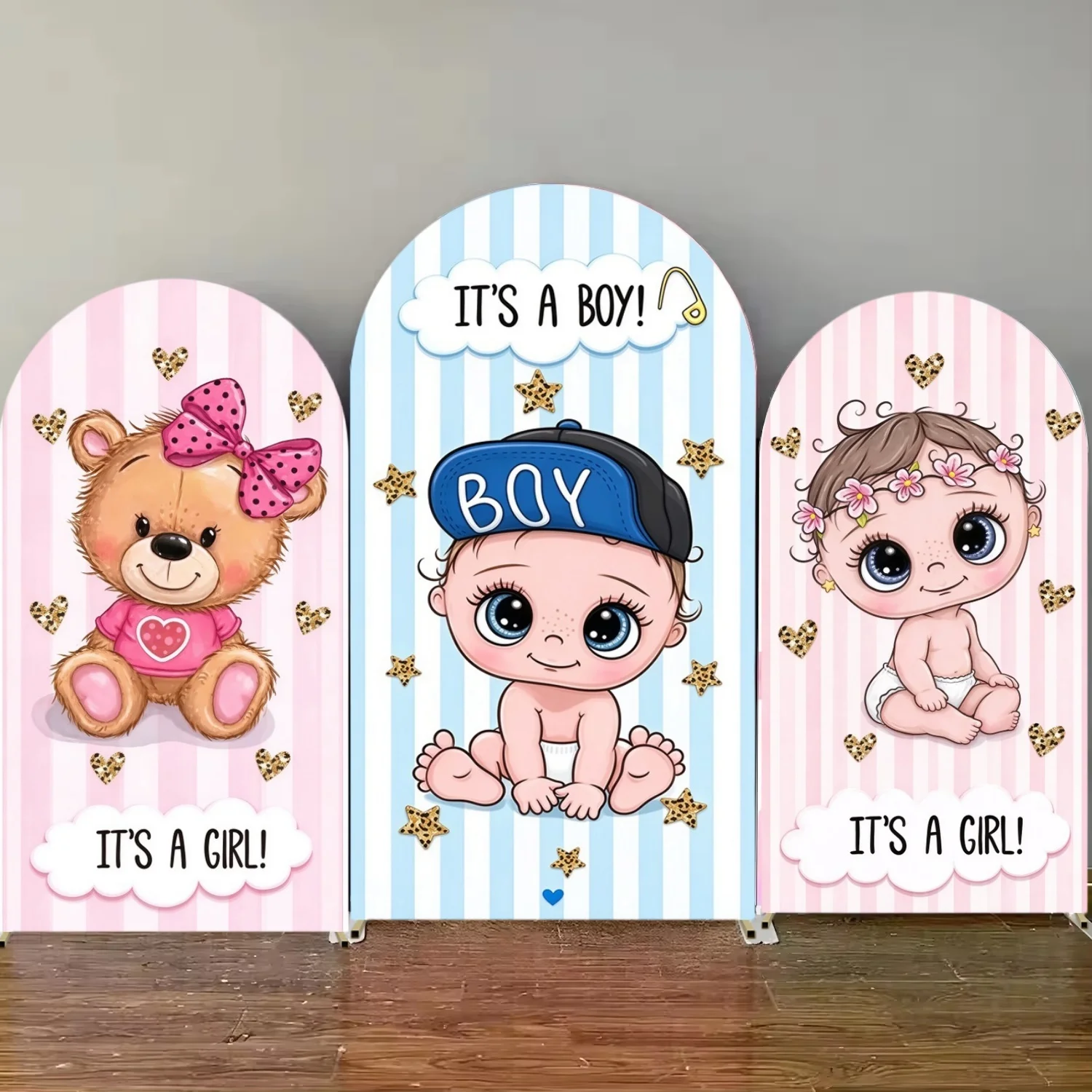 Gender Reveal Arch Backdrop Featuring Baby Boy Cap and Girl Flower Crown for Newborn Photography Studio Birthday Party Decor