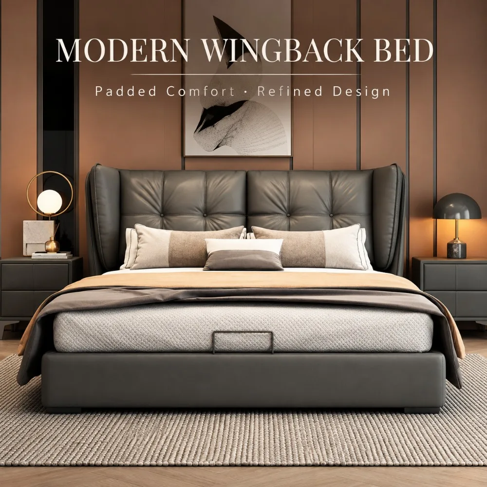 Nordic Italian Minimalist Extra Size Adjustable Bed Soft Genuine Leather Upholstery Solid Pine Frame Grey Art Bedroom Bed
