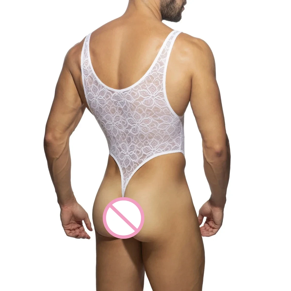 Homens malha pijamas bodysuits sexy rendas ver através sem mangas de uma peça homewear gay masculino transparente regatas macacão roupa interior
