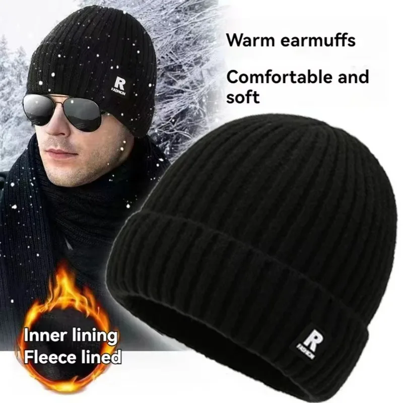 Thicken Knitted Men Hats Warm Winter Add Plush Lining Cold Resistant Beanies Cap SolidColor Casual Outdoor Sport Unisex Skullcap