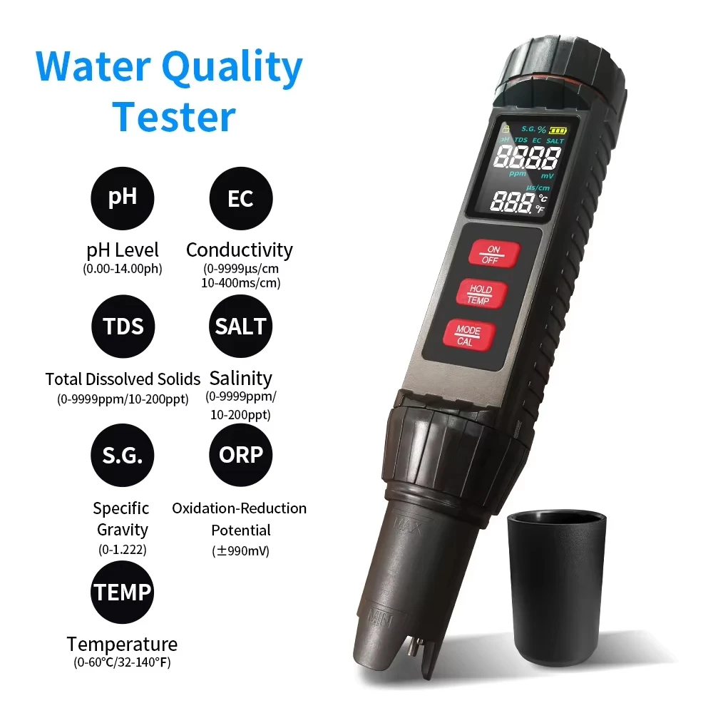 LCD Digital PH Meter 7 In1 Water Quality Tester PH/EC/TDS/Salt/S.G/ORP/Temp Water Monitor For Freshwater Aquarium Swimming Pool