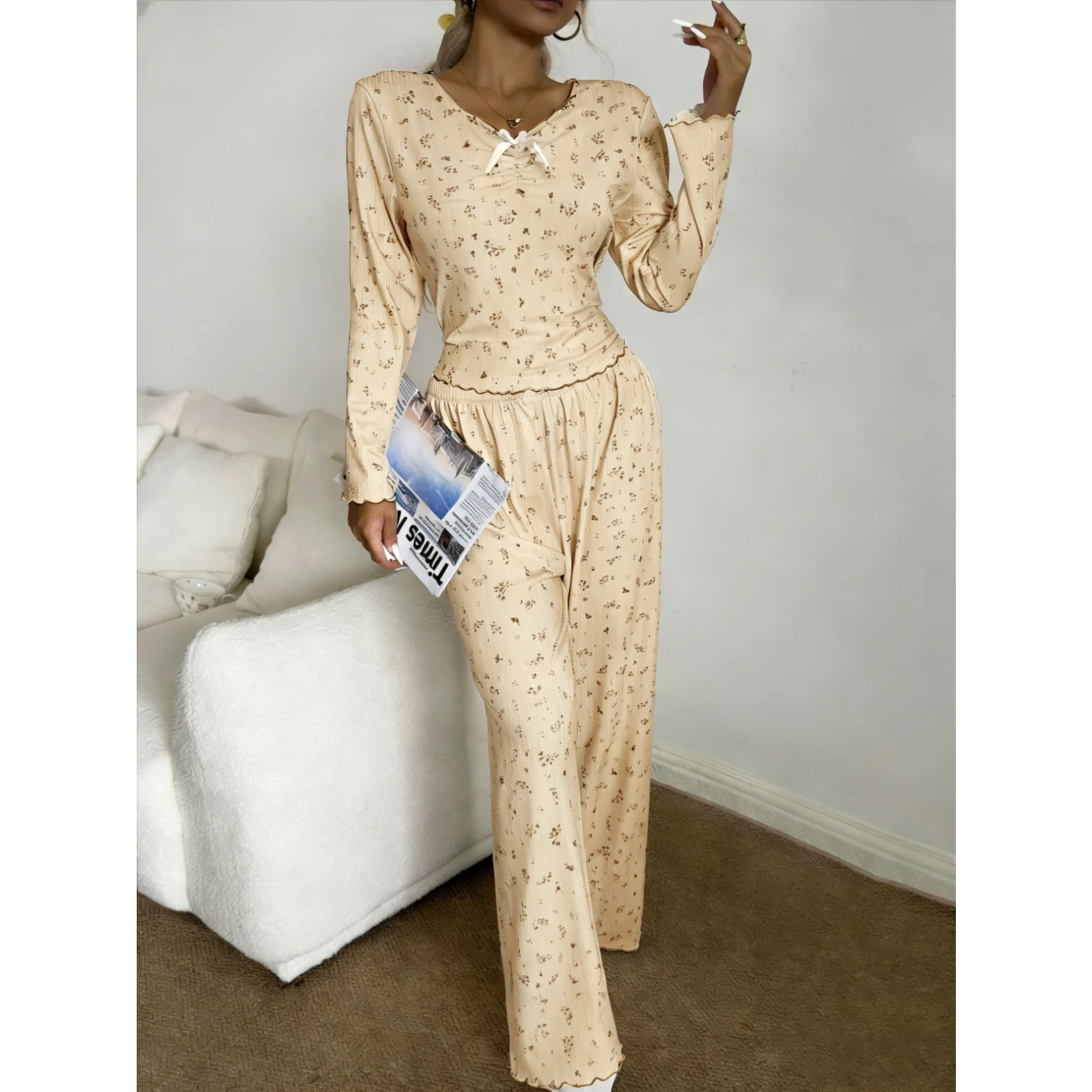 American-Style Spring and Autumn New Fashion Women's Pajamas Set, Comfortable and Breathable Printed Homewear for Women 4