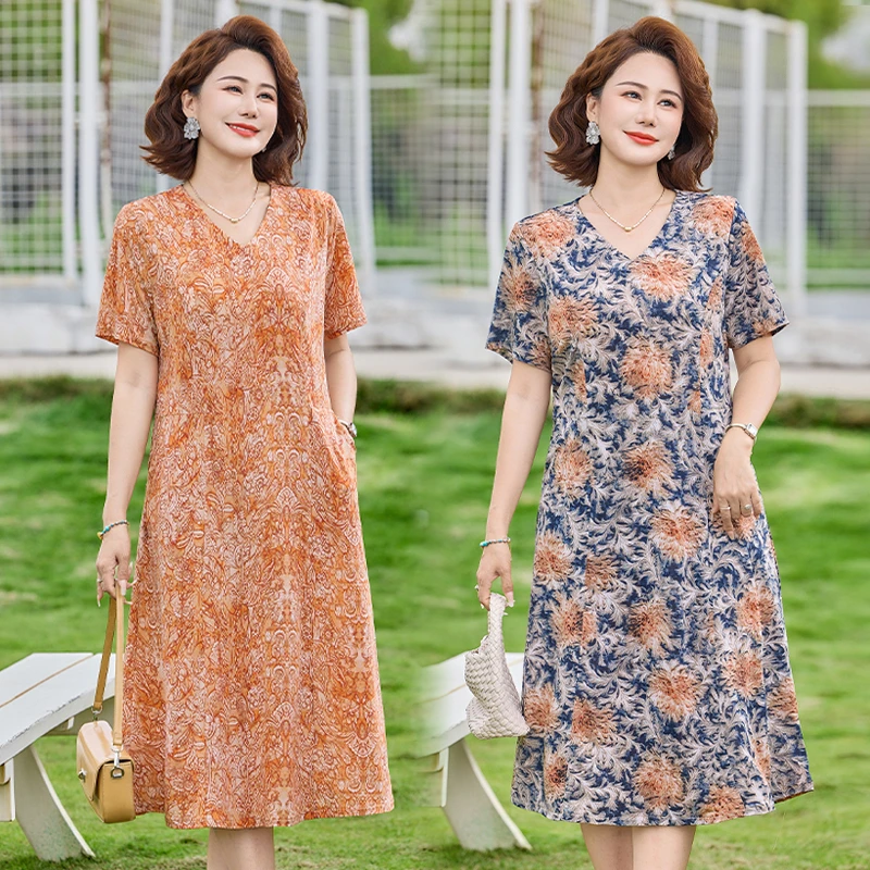 

Plus Size Short-sleeved Mid-length Dress for Women Summer Floral Covering Belly Slimming Round Neck Printed A-line Skirt