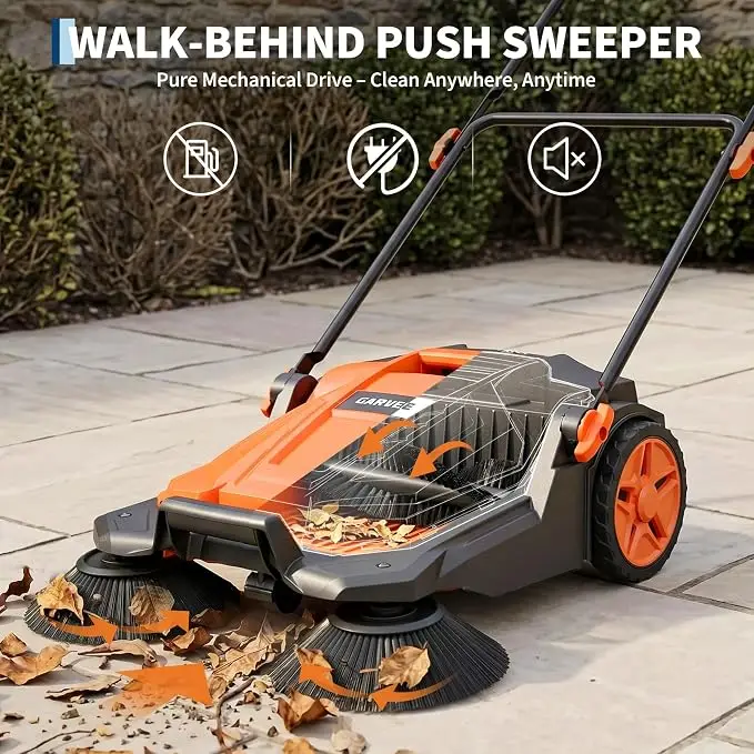 Walk Behind Hand Push Floor Sweeper, 5-Gallon Waste Container, Angle & Height Adjustable Folding Handle Push Sweeper, Restores Flattened Turf & Removes Debris