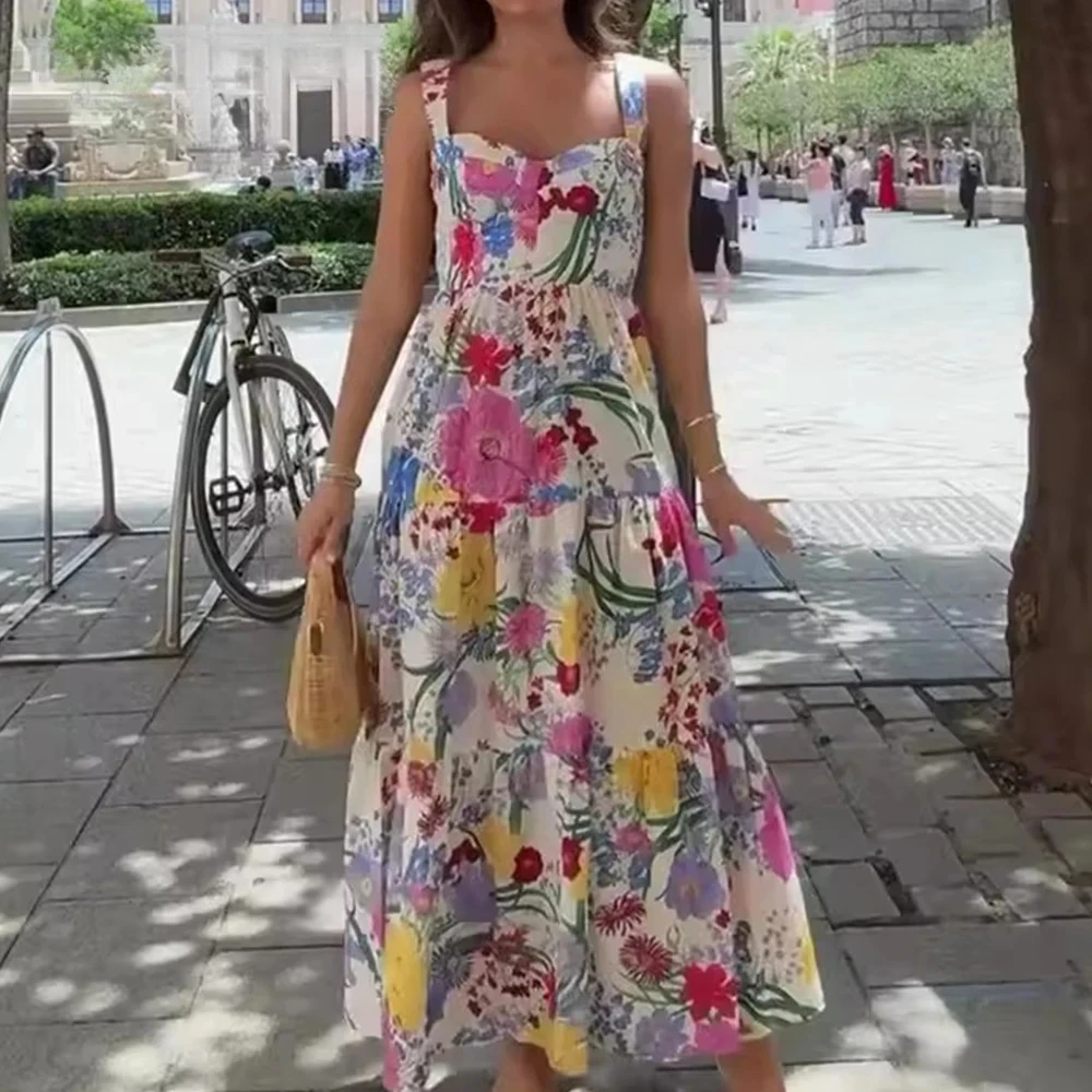 Kondala Chic 2023 Zomer Casual Vrouwen Bloemenprint Jurk Gedrapeerde Mouwloze Lange Geplooide Y2K Jurk Mode Vrouwen Vakantie Vestidos