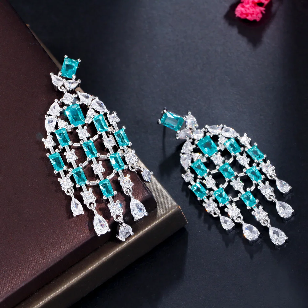 CWWZircons Chic Europe Royal Cubic Zircon Light Blue Long Tassel Water Drop Earrings for Women Engagement Wedding Jewelry CZ342