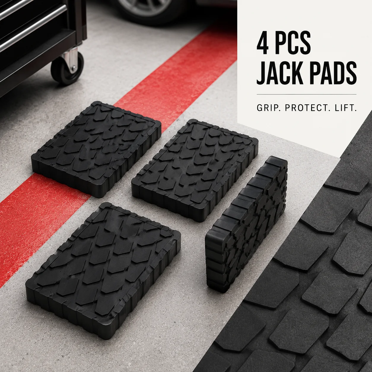 Image of 4 Stück schwarze Gummi-Hebeklötze 120x80x20mm, rutschfeste Fahrzeug-Hebestützen für Wagenheber und Garage