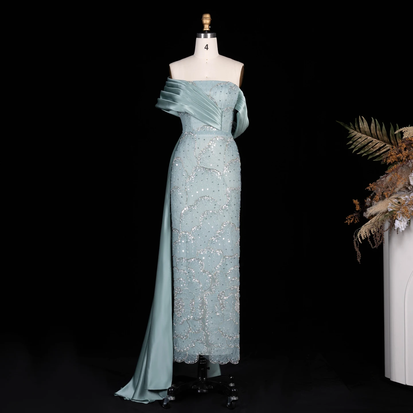 Sharon Said Abendkleid Glamouröses Grünes Perlen-Quastenkleid Schulterfreies Hochzeitskleid Luxuriöses Dubai Formelles Partykleid SS670 Maßanfertigung – Detail 7