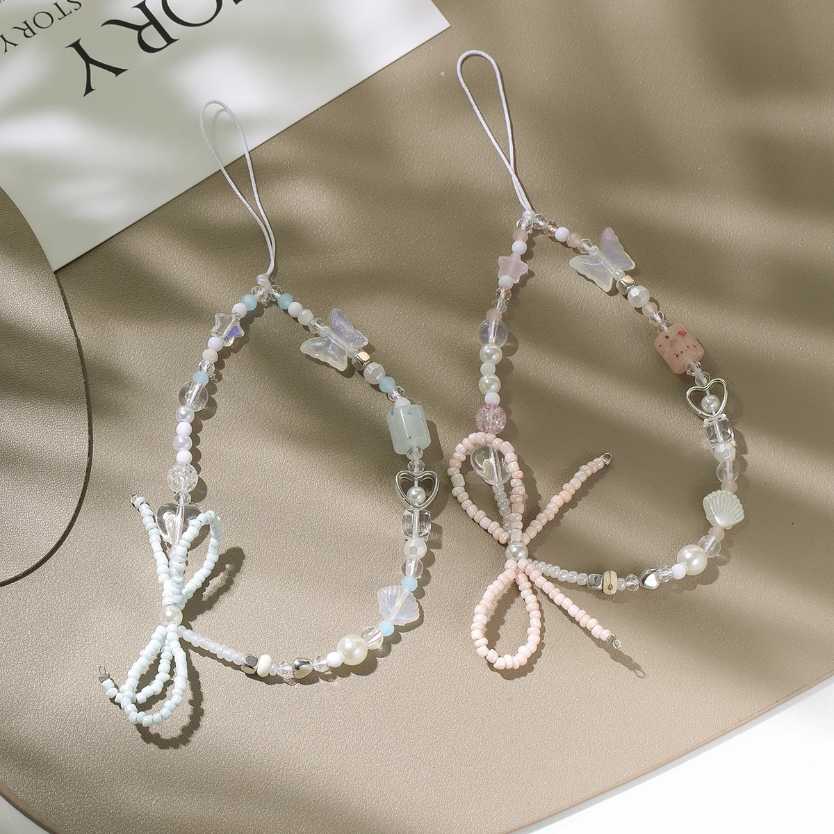 2pcs Bowknot Butterfly Heart Cellphone Lanyard Phone Chains For Women Girls Sweet Pearl phone Charm Strap Anti-lost Accessories