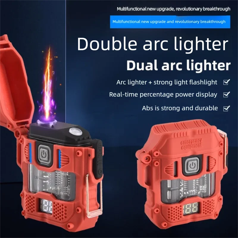 D-54， New model, strong light with long-range illumination, ABS， Portable, LED flashlight, windproof, dual arc flame, lighter