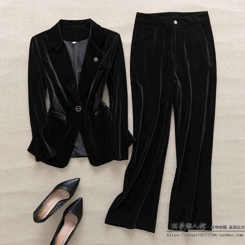 2024 Spring and Autumn Season Women Slim Gold Velvet Suit Short Waist Collection Velvet Suit Wide Leg Pants OL Two Piece Set