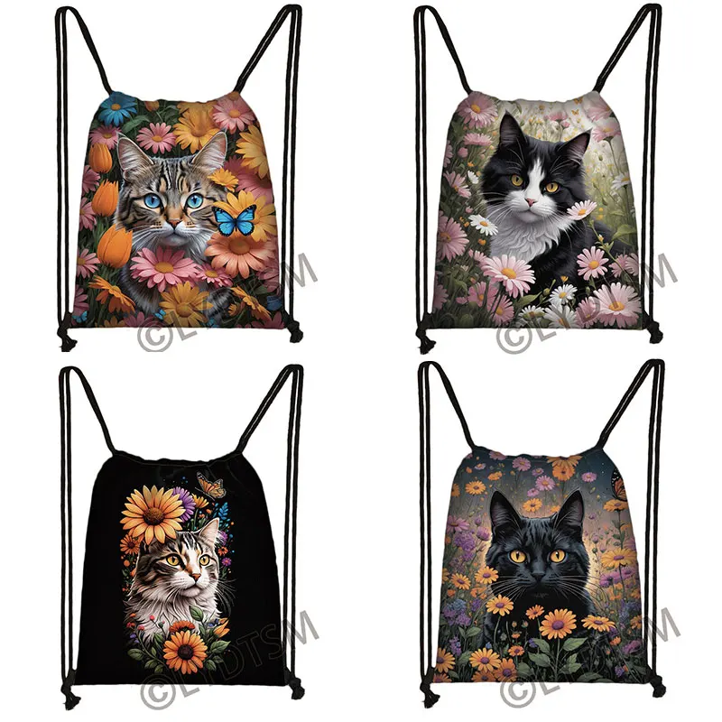 Cartoon Flowers Cat Print Drawstring Bag Kawaii Black Cat Moon Backpacks for Travel Teenagers Book Bag Shoes Holder Bags