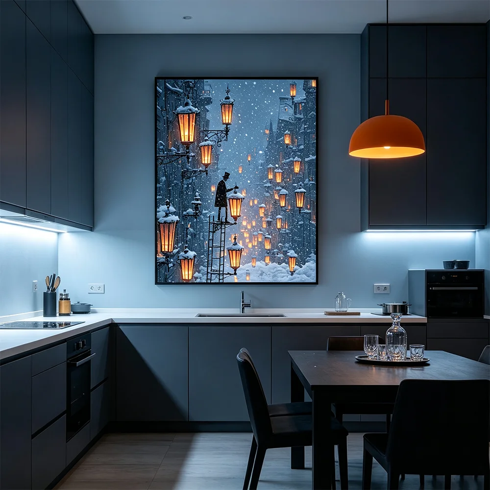 Snow Street Lamp House Landscape Poster Prints Wall Art Painting on Canvas Living Room Home Decor Fantasy Building Picture