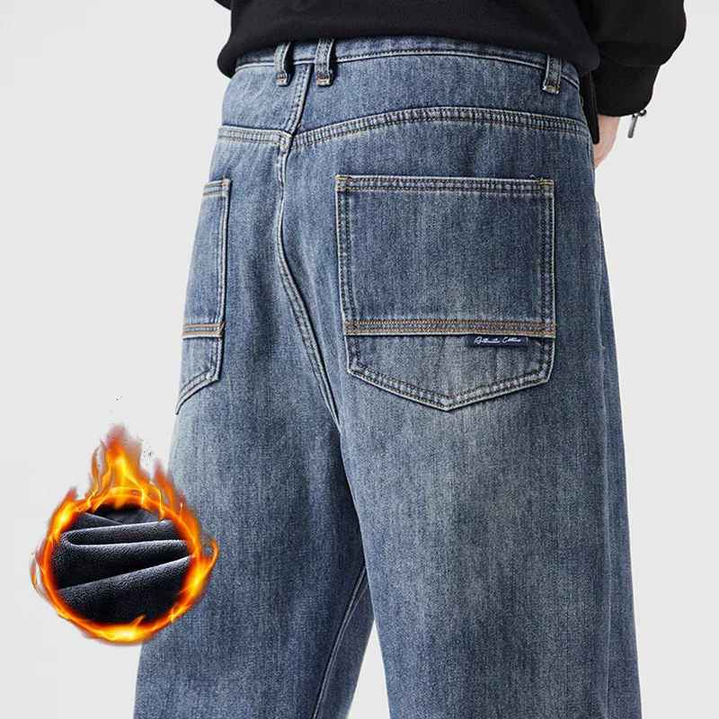 فضفاض الجينز الشتاء سميكة موضة الصوف مستقيم عادية بلون بنطلون دافئ أفخم واسعة الساقين الدنيم السراويل