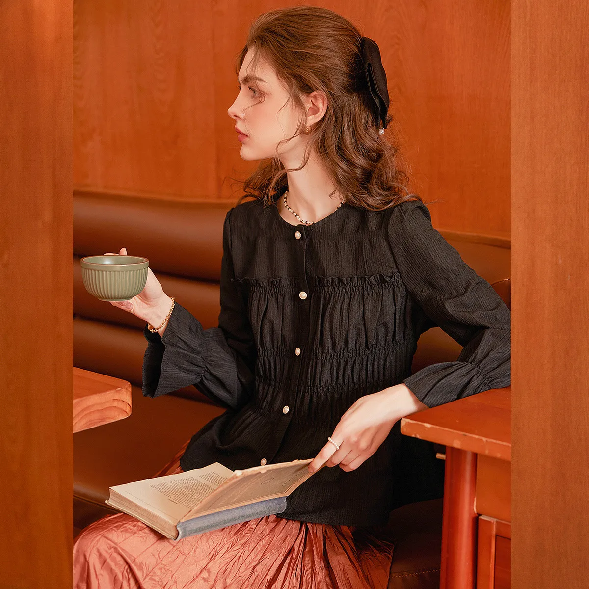 LOUIS YAO New Puff Long Sleeve Shirt 2025 Spring Round Collar Shoulder Slim Women's Shirt Stretchless Cardigan Women's Tops