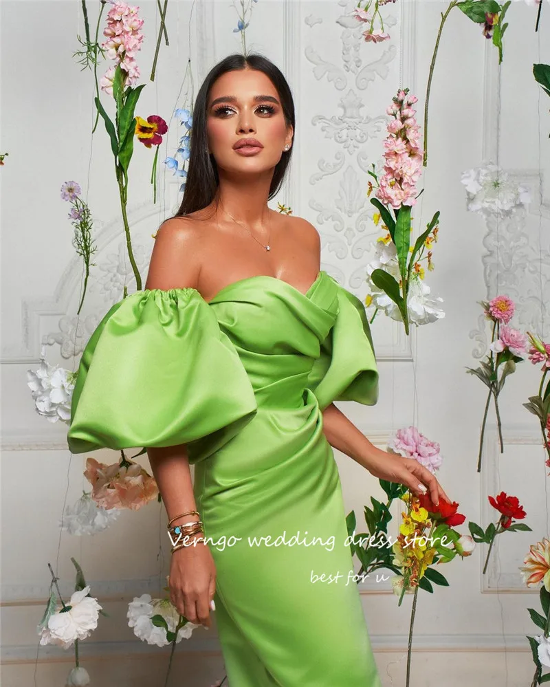 Verngo 2023 Light Green Satin Formal Party Dresses Sweetheart Puff Short Sleeves Tea Length Occasion Night Evening Gowns