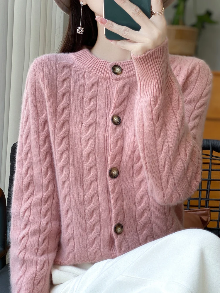 

Свитер с круглым вырезом, толстый теплый женский кардиган из 100% мериносовой шерсти, однобортный базовый мягкий простой однотонный топ