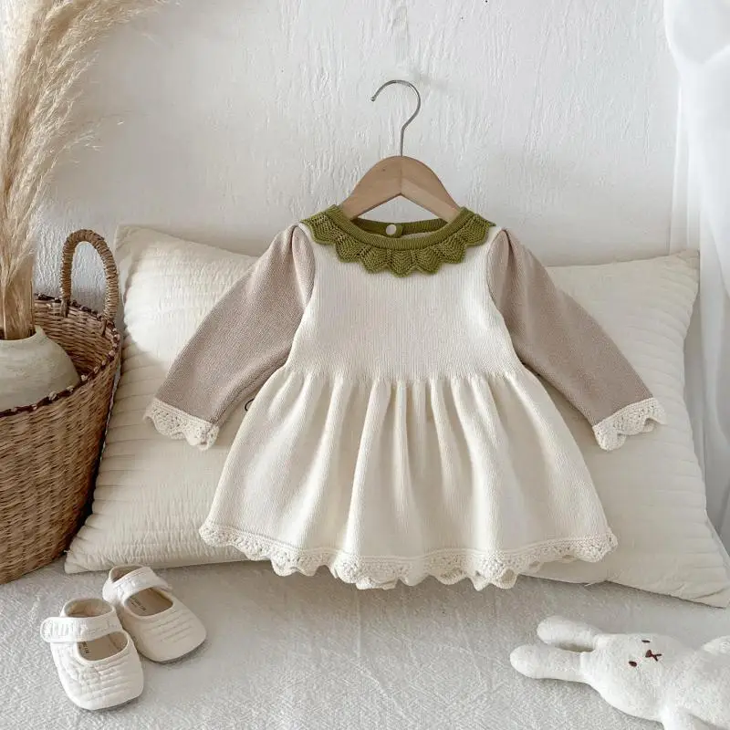

2025 Autumn New Baby Long Sleeve Dress Cotton Kids Girls Solid Knitted Dress Infant Toddler Cute Lace Collar Princess Dress