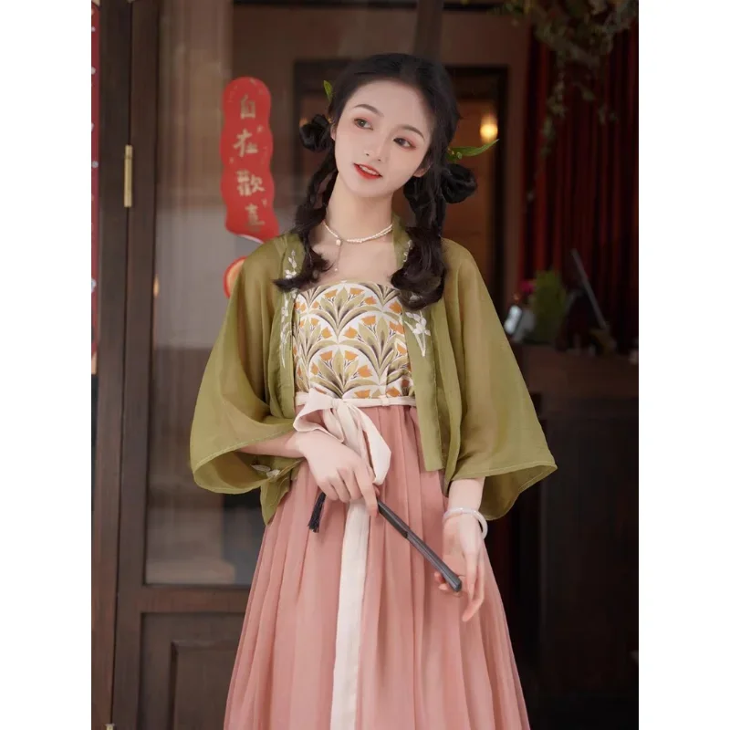 Robe à bretelles Hanfu imprimée de fleurs roses pour femmes, cardigan brodé vert, original, élégant, style chinois, cosplay Hanfu trempé