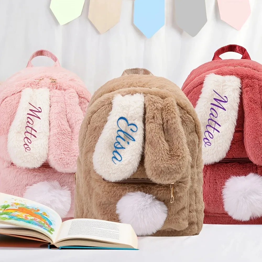 Customized Name Cute Plush Rabbit Ear Design Backpack Lightweight Casual Backpack Perfect School Season Birthday Gifts for Girls