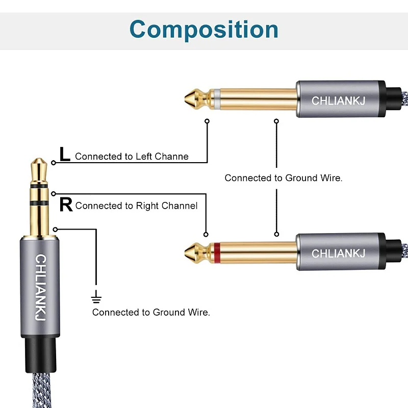 Lungfish 3.5mm jack, dual 6.3mm mono Y audio Cabell, 3.5mm stereo jack, 2 x 6.35mm jack, suitable for speakers, MP3, etc