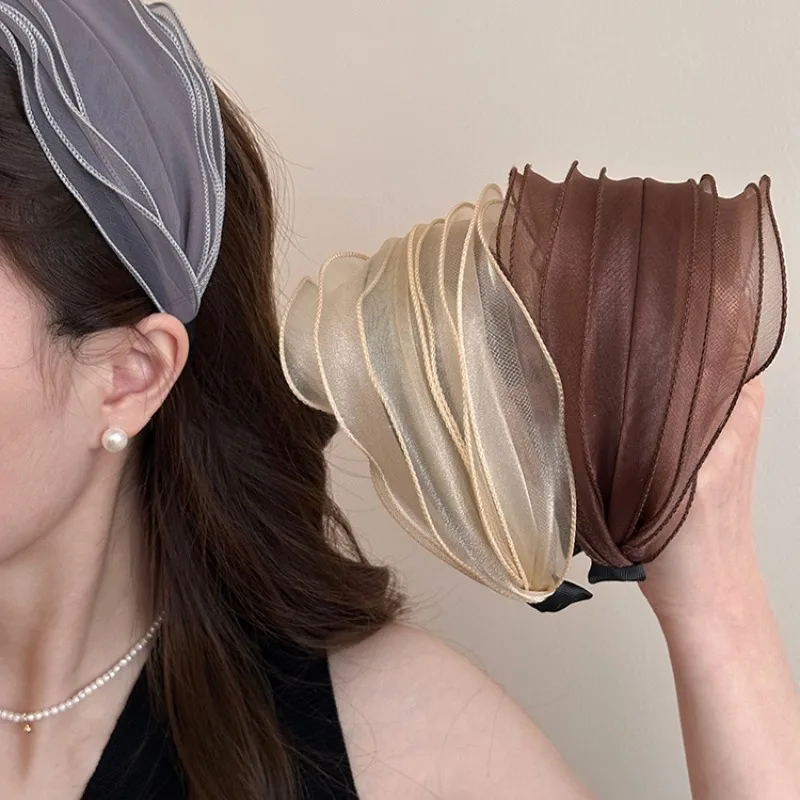 Women Elegant Organza Ruffled Wide Headband Soft Non Slip Hair Hoop for Daily Office Dating Party Hair Accessories