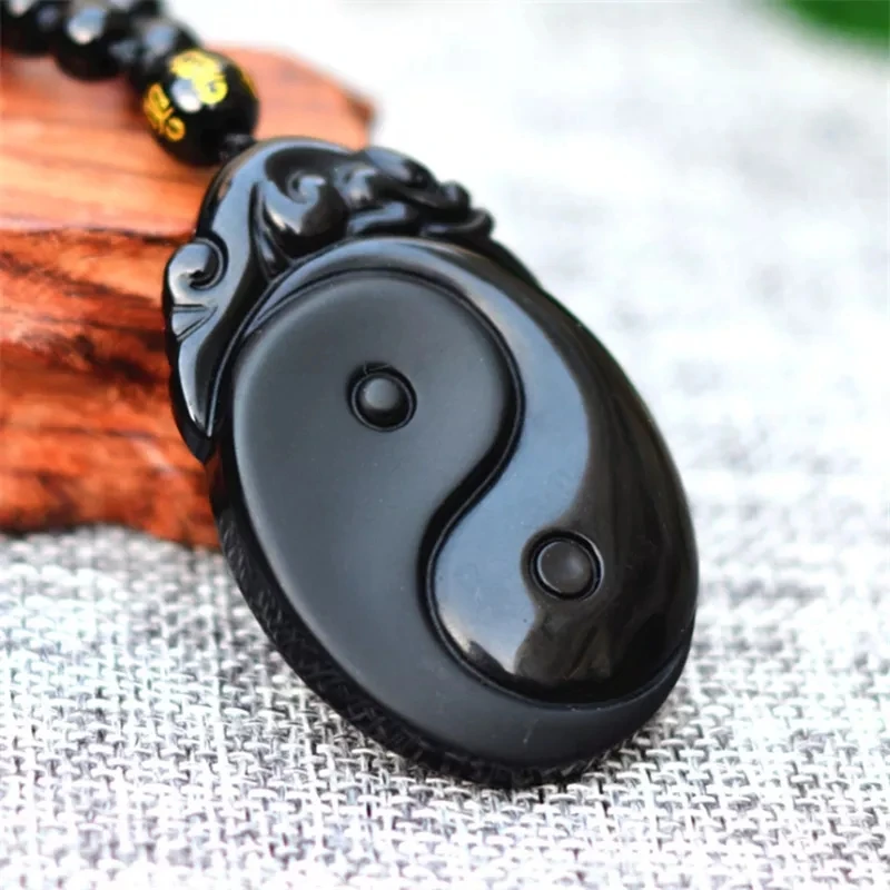 

New Natural Black Obsidian Carved Yin and Yang Bagua Necklace Pendant Fishes Pendant Necklace Chain Fine Jewelry