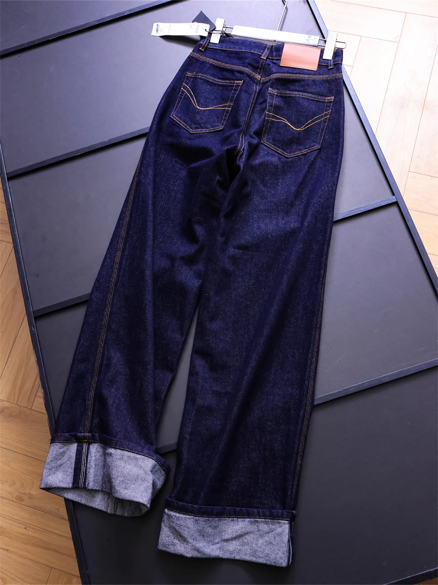 High Waist Wide Leg Jeans Women's Pure Color Denim Blue Slimming Tilted Color Cuffed Long Pants Fashionable Casual Cotton