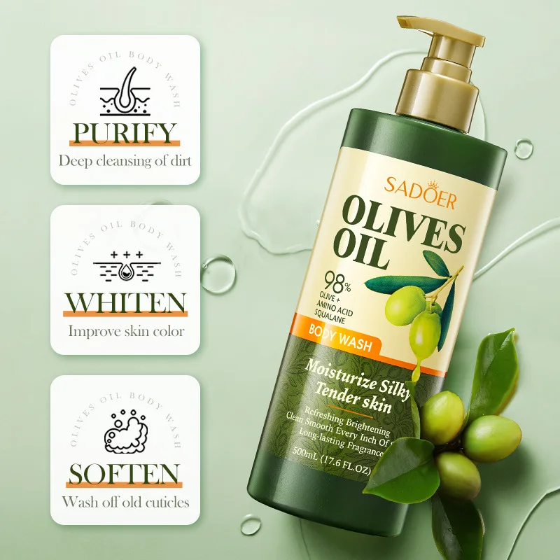 

Гель для душа с оливковым маслом, отшелушивающий, удаляющий меланин, с длительным ароматом, освежающий, контролирующий жирность кожи, увлажняющий и смягчающий.