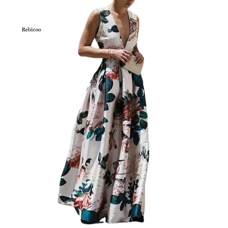 

2022 Summer Autumn Long Dress Fashion Retro Floral Print Sleeveless Holiday Dress Sexy Women Deep V Neck Elegant Party Dress