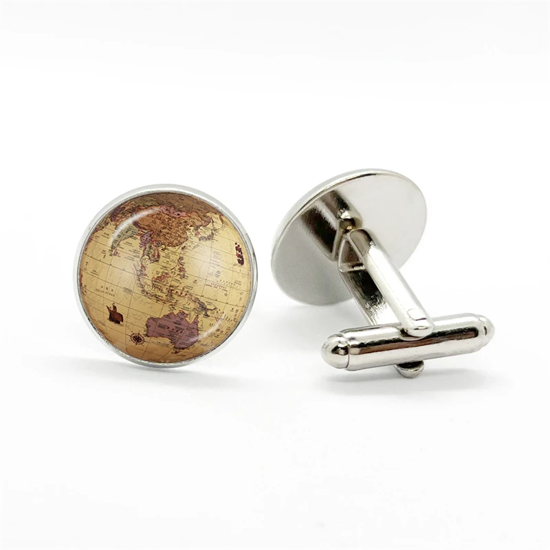 Vintage Earth World Map Cufflinks Globe Planet Art Photo Crystal Glass Dome Cabochon Shirt Cuff Links for Men Jewelry Gift