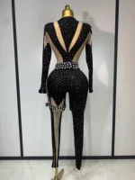 Sexy Sparkly Diamond Black Long Sleeves Bodycon Mesh Jumpsuit Evening Party Nightclub Bar Singer Performance Stage Costume 4